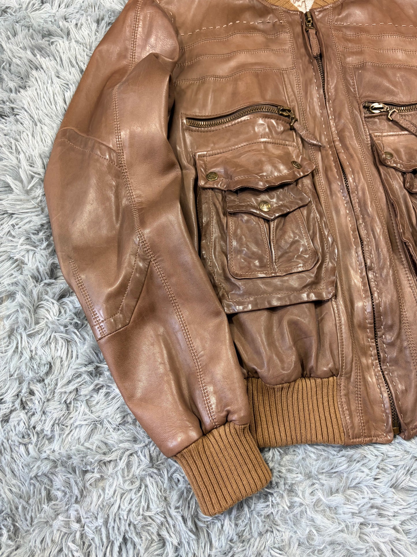 Just Cavalli SS07 Leather 3D Cargo Pocket Pleated Western Bomber - M | O/S, Brown