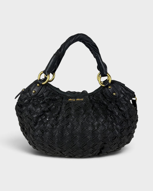 2010s Miu Miu Black Woven Leather Handbag | O/S, Multicoloured