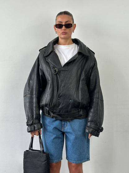 Vintage Belted Buckle Leather Jacket - XL