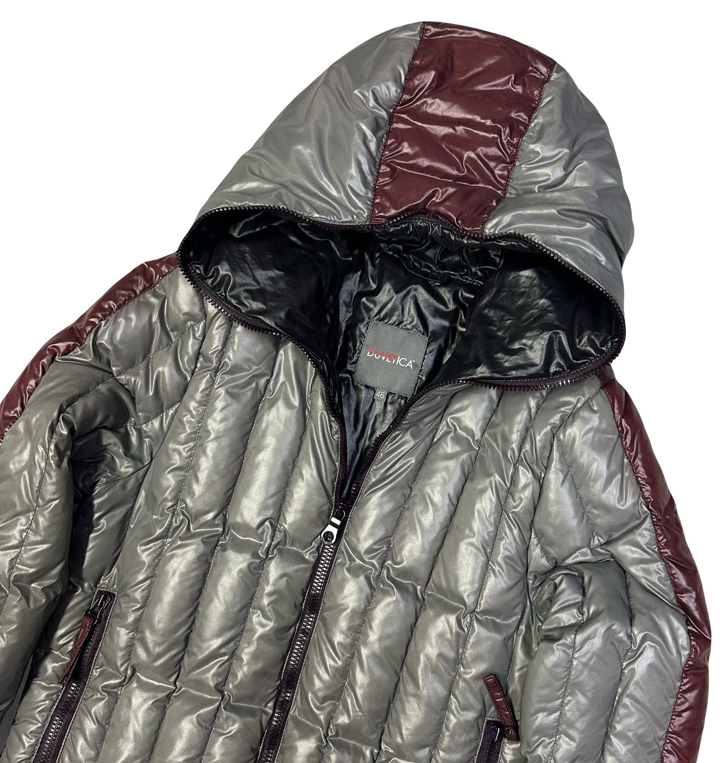 Duvetica Square Stitch Puffer Jacket In Grey & Burgundy ( S )
