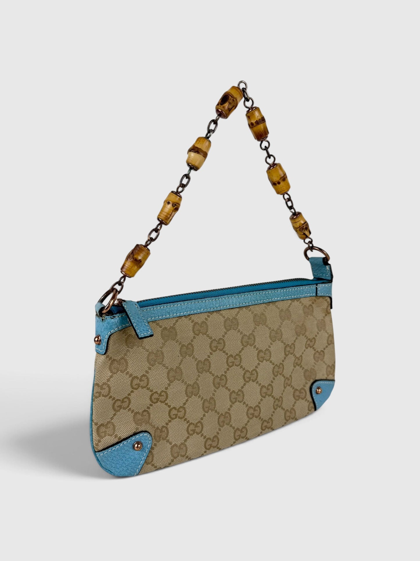 Vintage 90s Gucci Monogram Mini Bamboo Chain Shoulder Bag | O/S, Beige, Blue