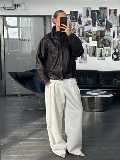 French Vintage 1980s High Neck Leather Bomber Jacket - L