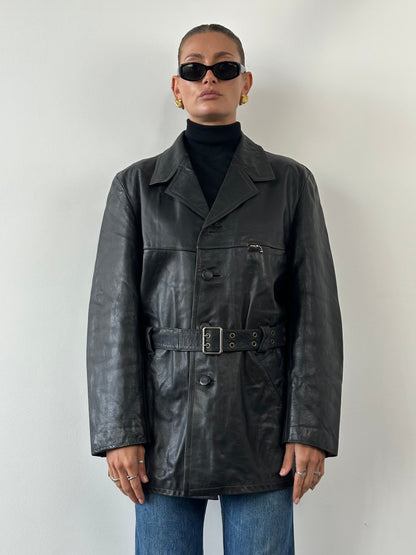 Vintage Belted Leather Jacket - XL