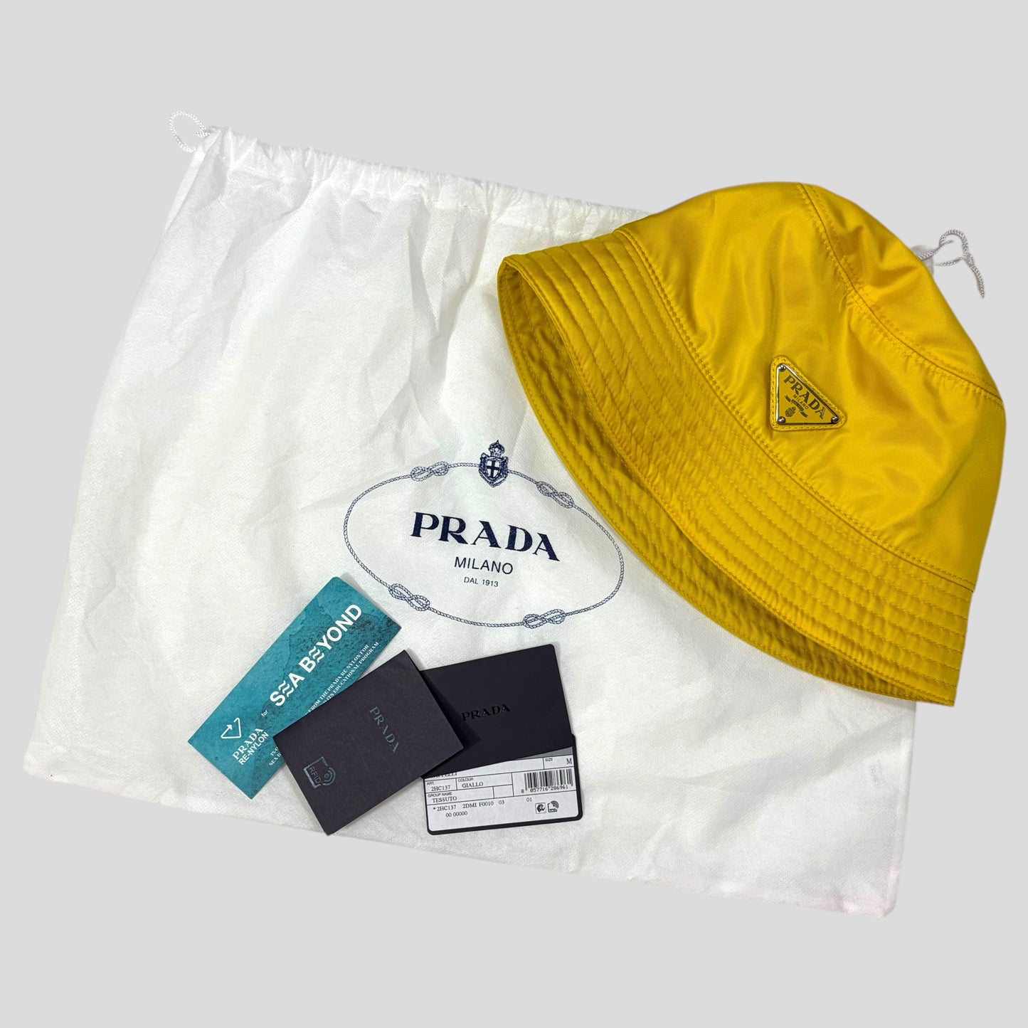 Prada Milano 2020 Re-nylon Yellow Panama Bucket Hat | O/S, Metallic Yellow