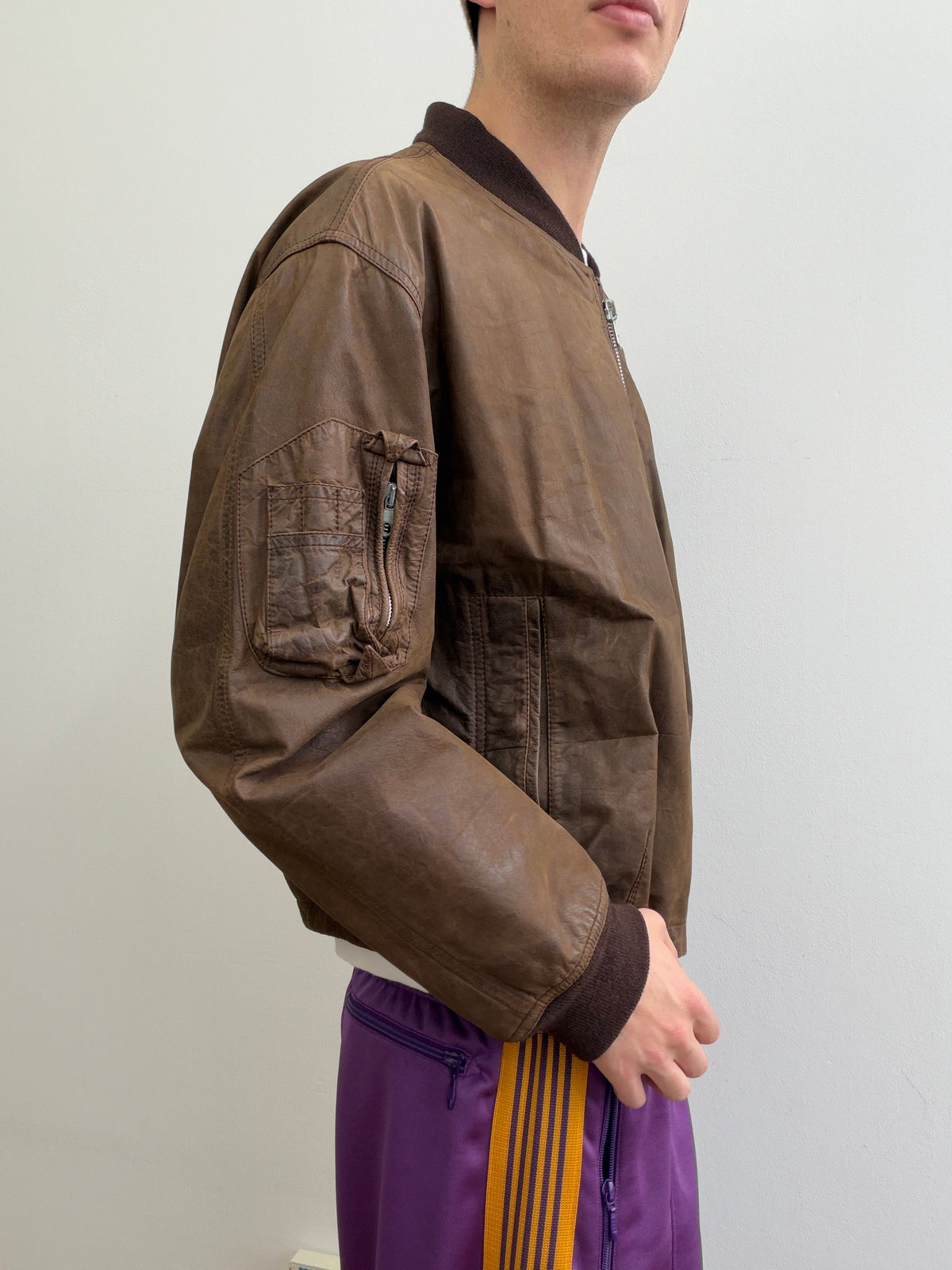 Emporio Armani 90s Oiled Leather Bomber Jacket | Large, Red