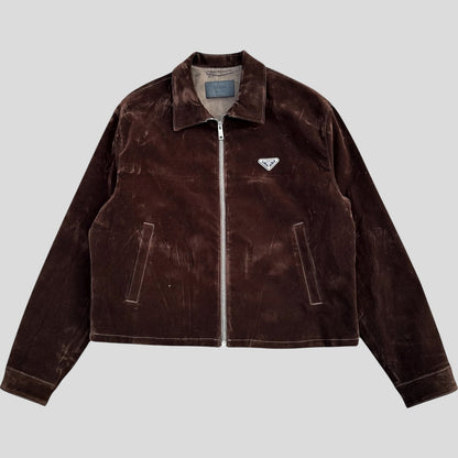 Prada 2024 Brown Velvet Velour Plaque Logo Boxy Jacket - M/L