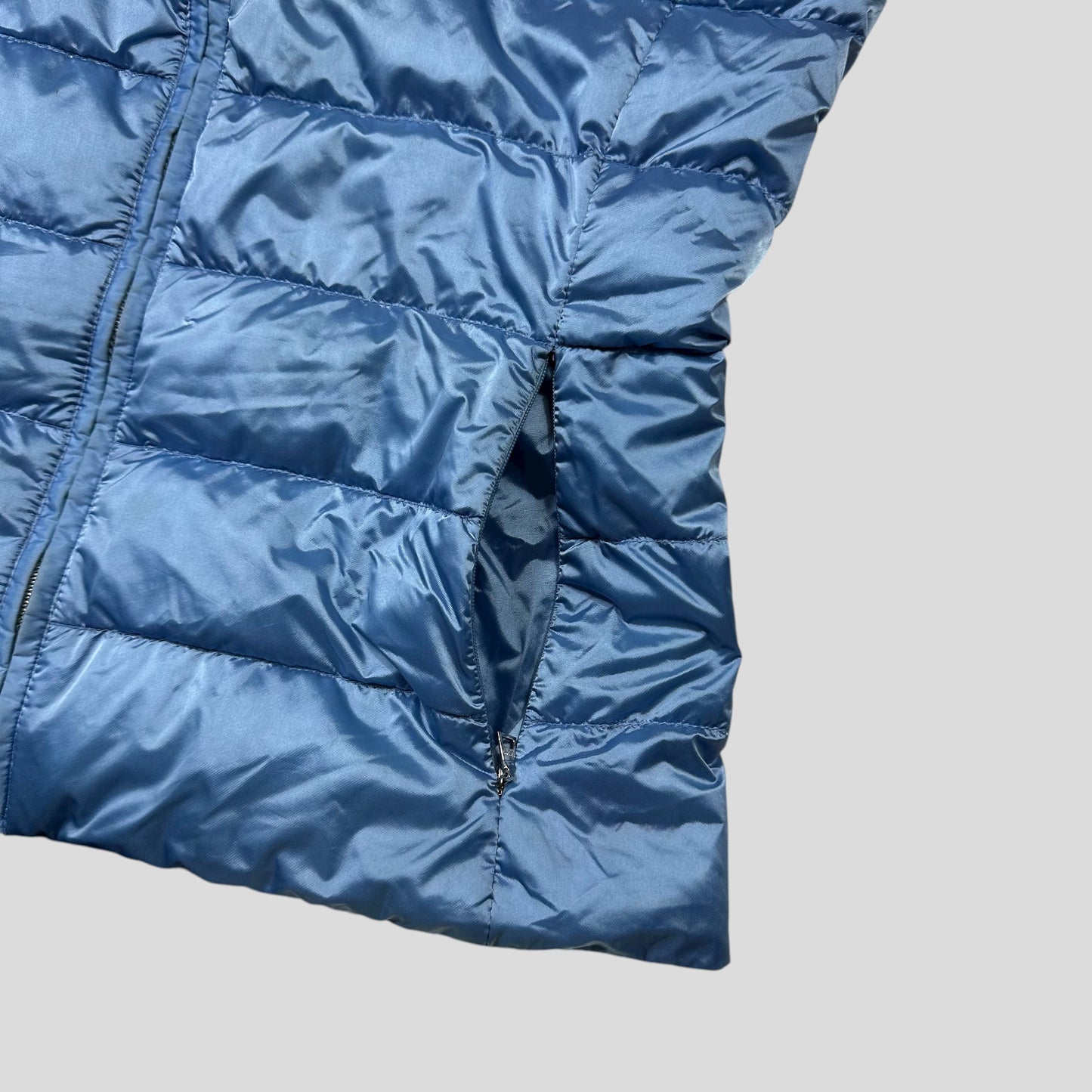 Prada Milano 2011 Satin Blue Nylon Down Logo Gilet