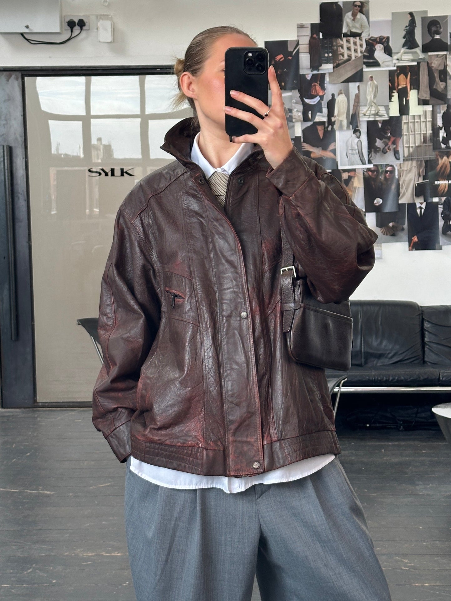 Vintage 1990s Funnel Neck Aged Leather Bomber Jacket - XL