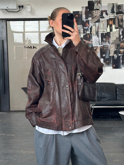 Vintage 1990s Funnel Neck Aged Leather Bomber Jacket - XL