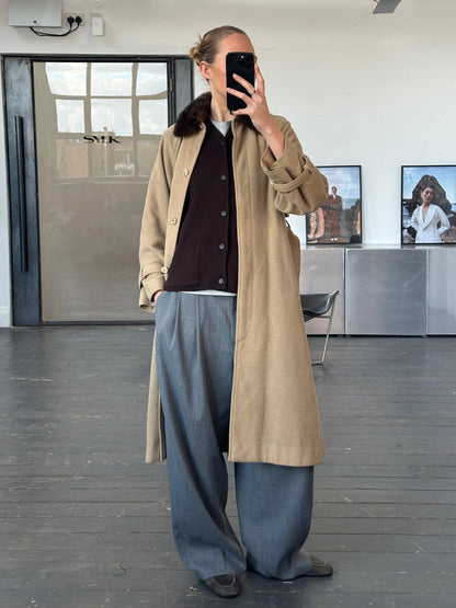 Vintage 1980s Wool Double Faced Fur Collar Belted Coat - S