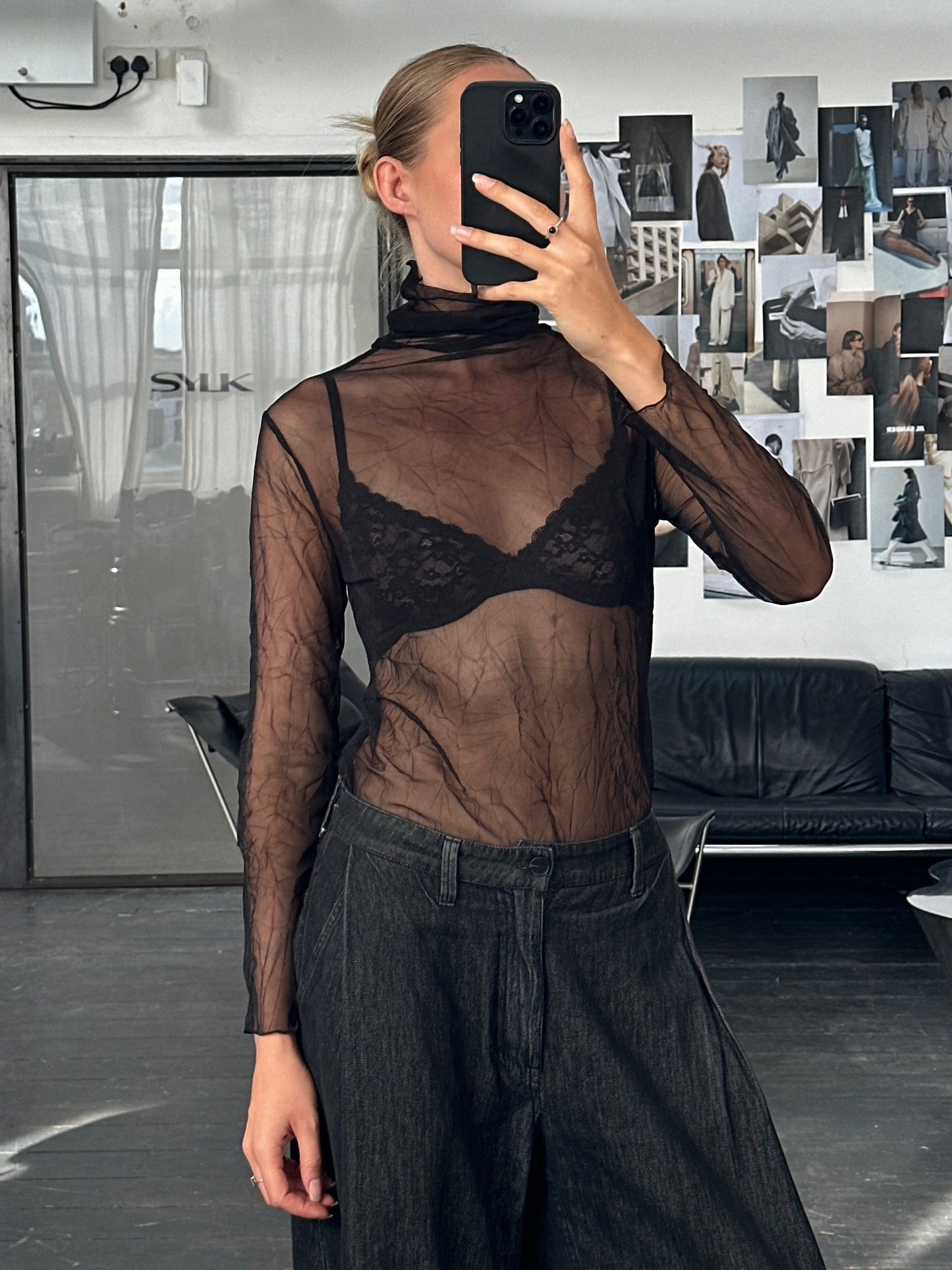 Vintage 2000s Sheer Crinkled Roll Neck Top - S/M