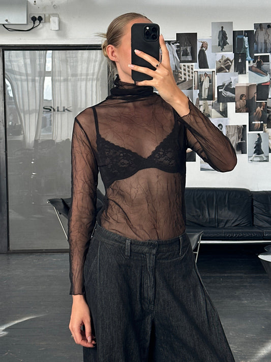 Vintage 2000s Sheer Crinkled Roll Neck Top - S/M