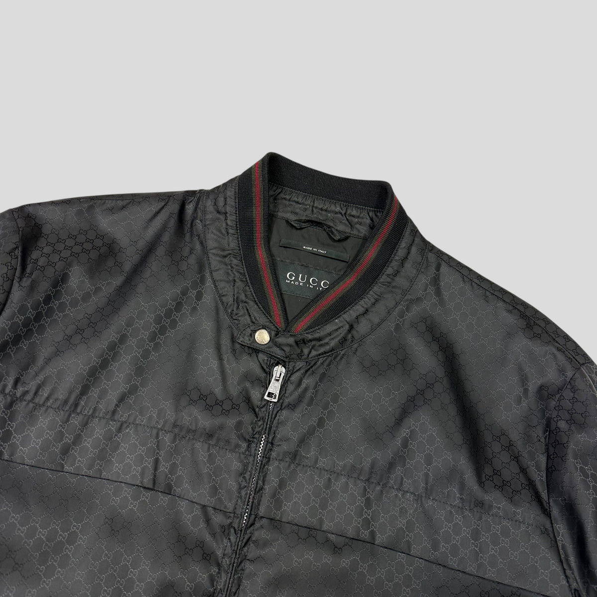 Gucci 2012 Nylon Monogram GG Web Logo Bomber Jacket - IT52 (L) | Large, Black