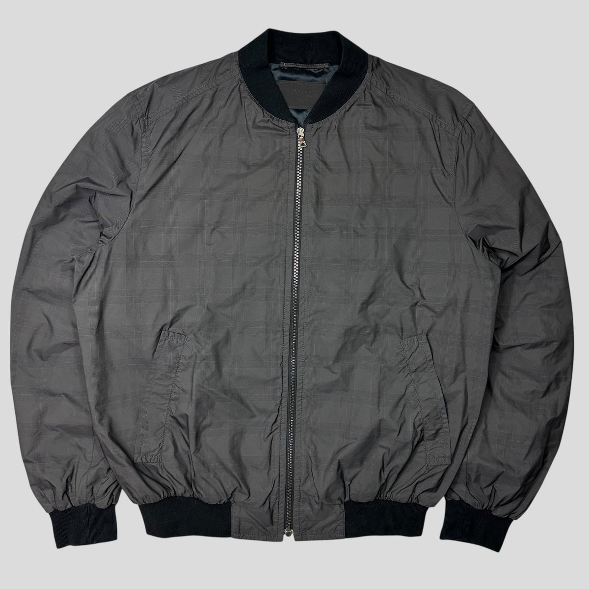 Prada Milano 2010 Shadow Plaid Nylon Bomber Jacket - IT54 (L) | Grey