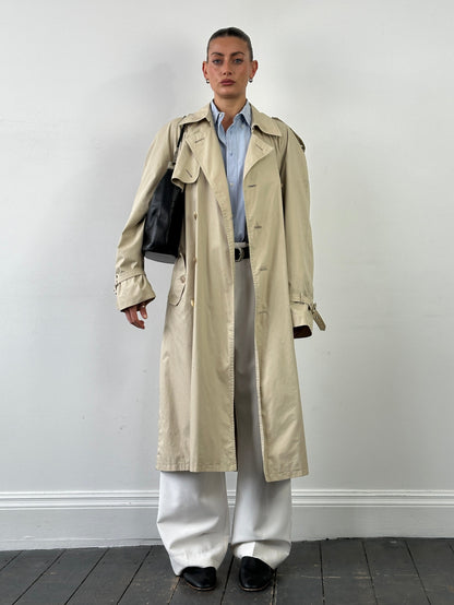 Yves Saint Laurent Pour Homme 1980s Cotton Double Breasted Belted Trench Coat - XXL