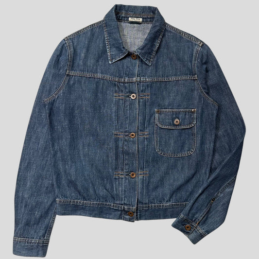 Miu Miu 2001 Runway Denim Fiammoto Pleated Work Jacket - S/M | Default Title, Red