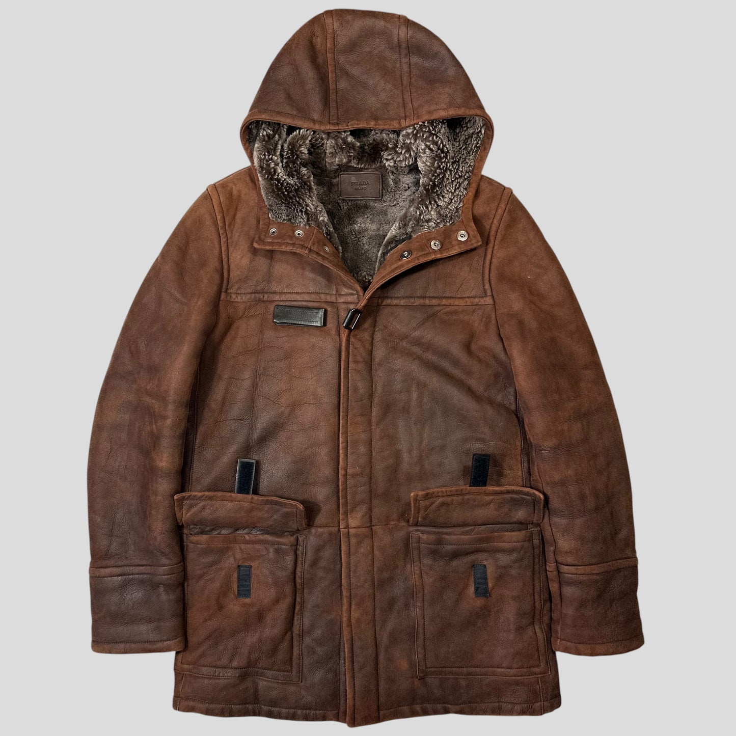 Prada Milano 2010 Sheepskin Fur & Leather Strap Hooded Coat - IT50 | O/S, Brown