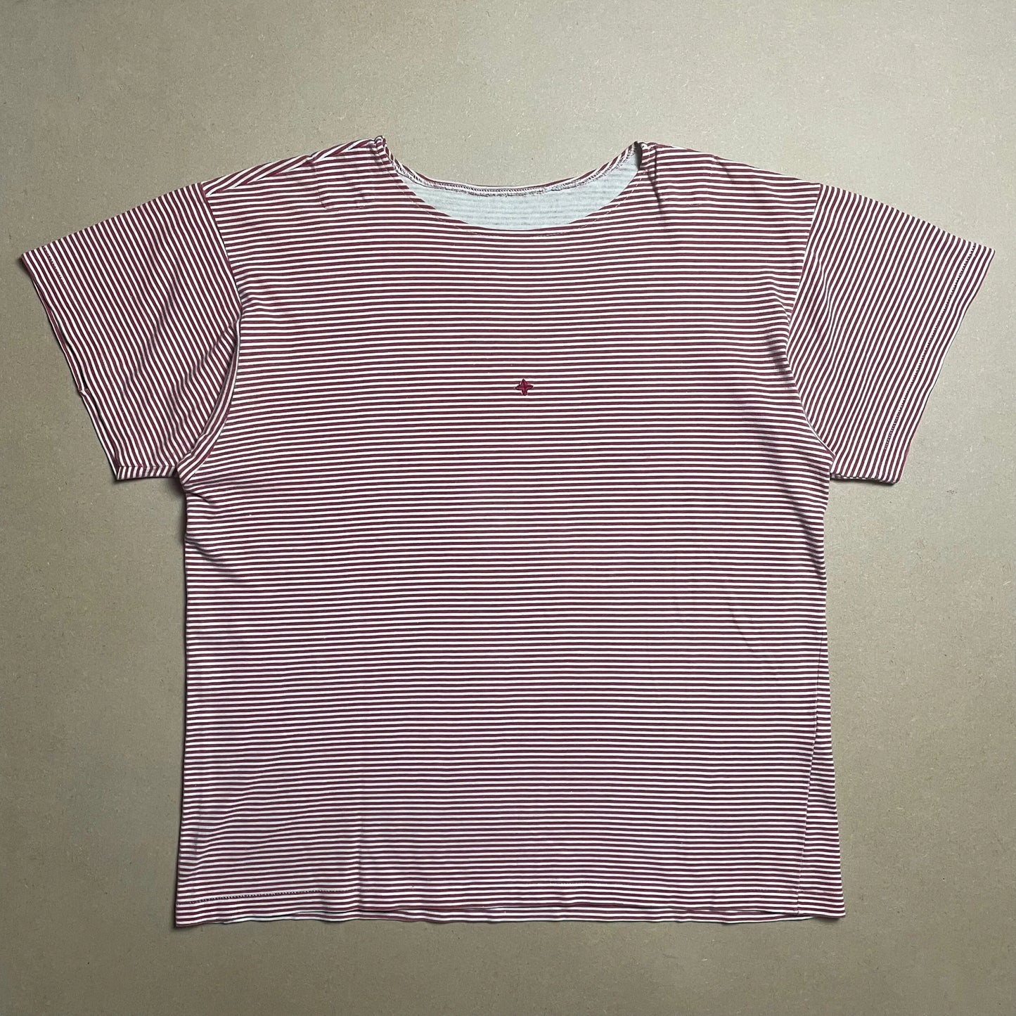 S/S 1987 Crimson Red Striped Box Logo / Mini Compass Breton T-shirt