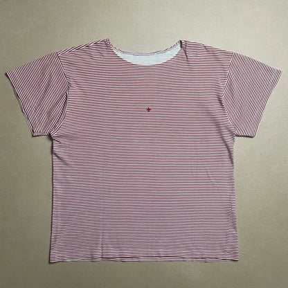 S/S 1987 Crimson Red Striped Box Logo / Mini Compass Breton T-shirt