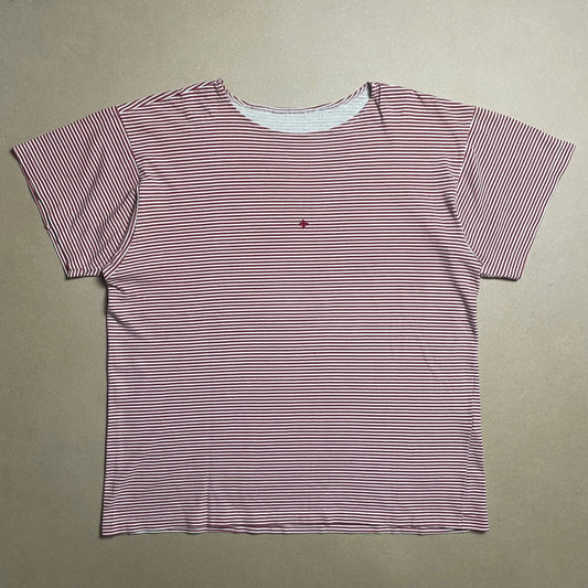 S/S 1987 Crimson Red Striped Box Logo / Mini Compass Breton T-shirt
