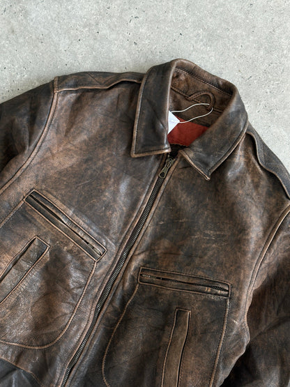 Vintage Distressed Leather Bomber Jacket - M/L - Known Source