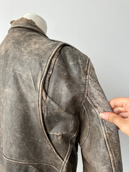 Vintage 1990s Distressed Leather Bomber Jacket - M-L
