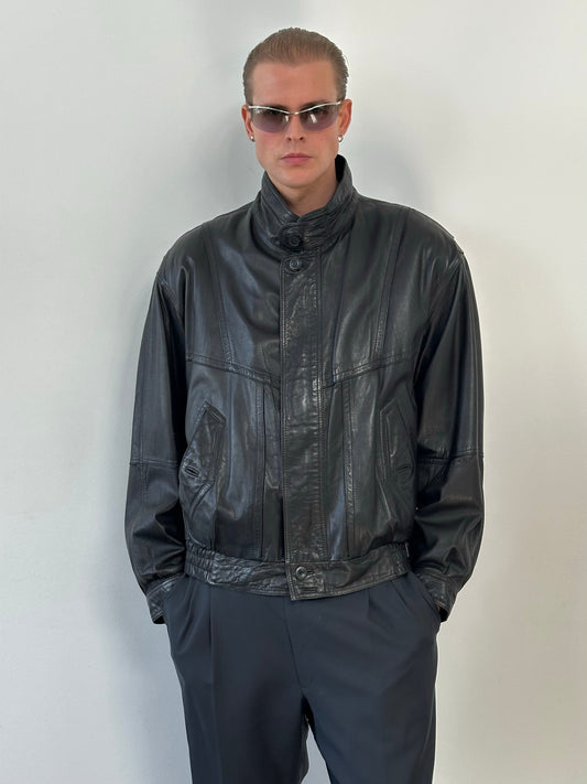 Vintage 1990s High Neck Leather Blouson Bomber Jacket - L