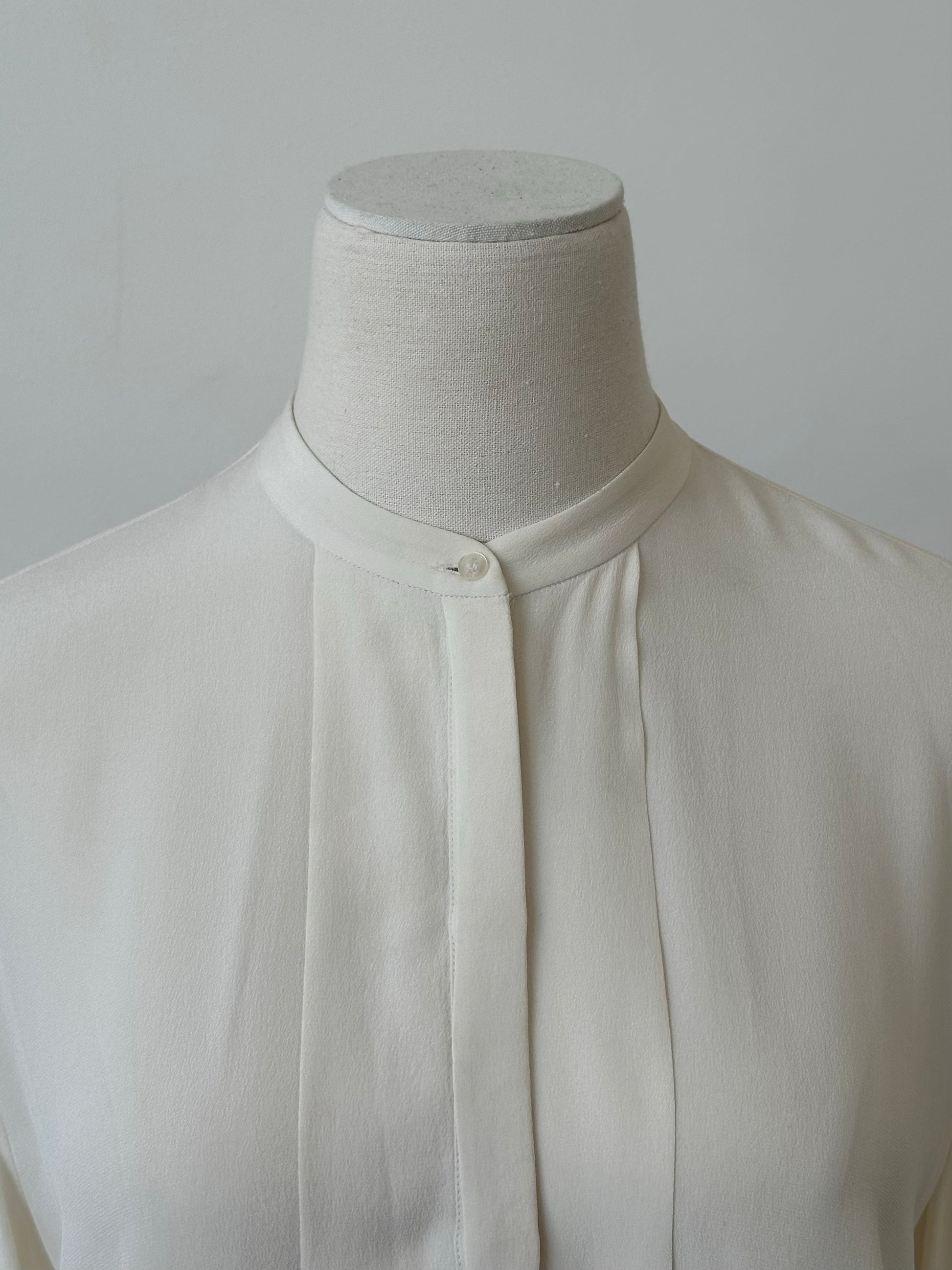 Hugo Boss Pure Silk Minimal Collarless Shirt in size M, featuring a sleek, collarless design and smooth silk fabric.