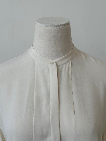 Hugo Boss Pure Silk Minimal Collarless Shirt in size M, featuring a sleek, collarless design and smooth silk fabric.
