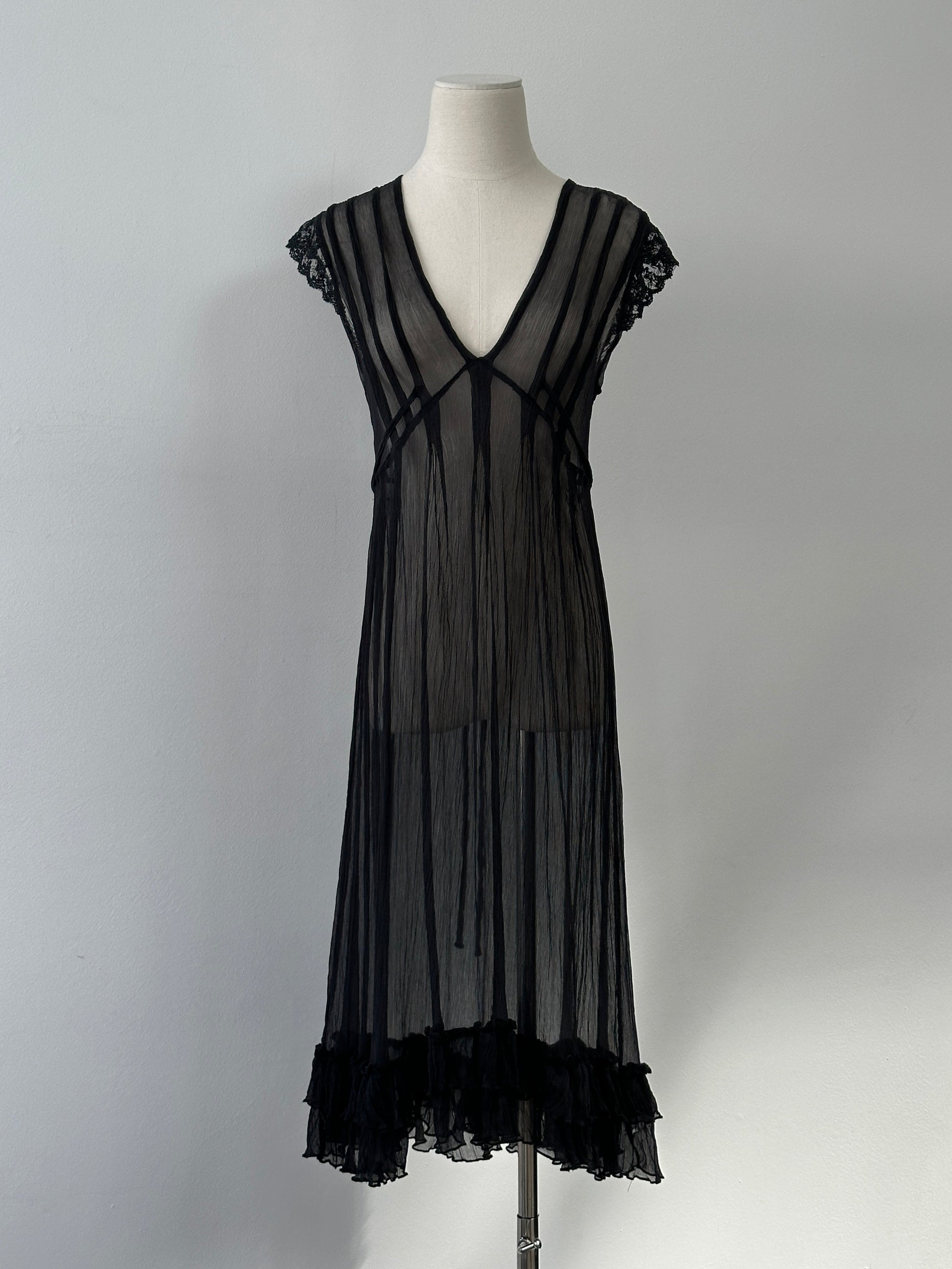 Vintage 2000s Sheer Crinkle Ruffle Midi Dress - M