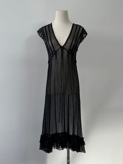 Vintage 2000s Sheer Crinkle Ruffle Midi Dress - M