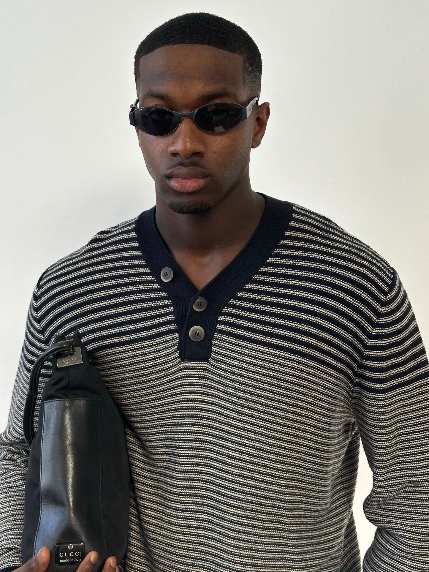 Hugo Boss 2000s pure cotton striped Henley jumper in XL, featuring classic ribbed cuffs and collar, laid flat for display.