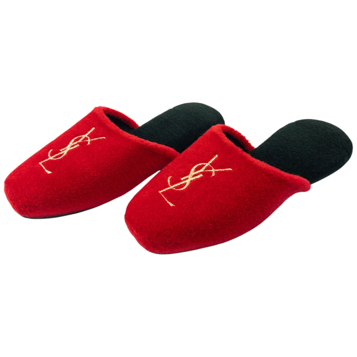 Vintage 80s YSL Yves Saint Laurent Embroidered Fleece Slippers Womens Size 6 | ONE SIZE, Gold