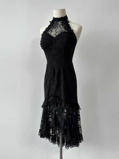 Vintage 2000s Lace Halterneck Midi Dress - M