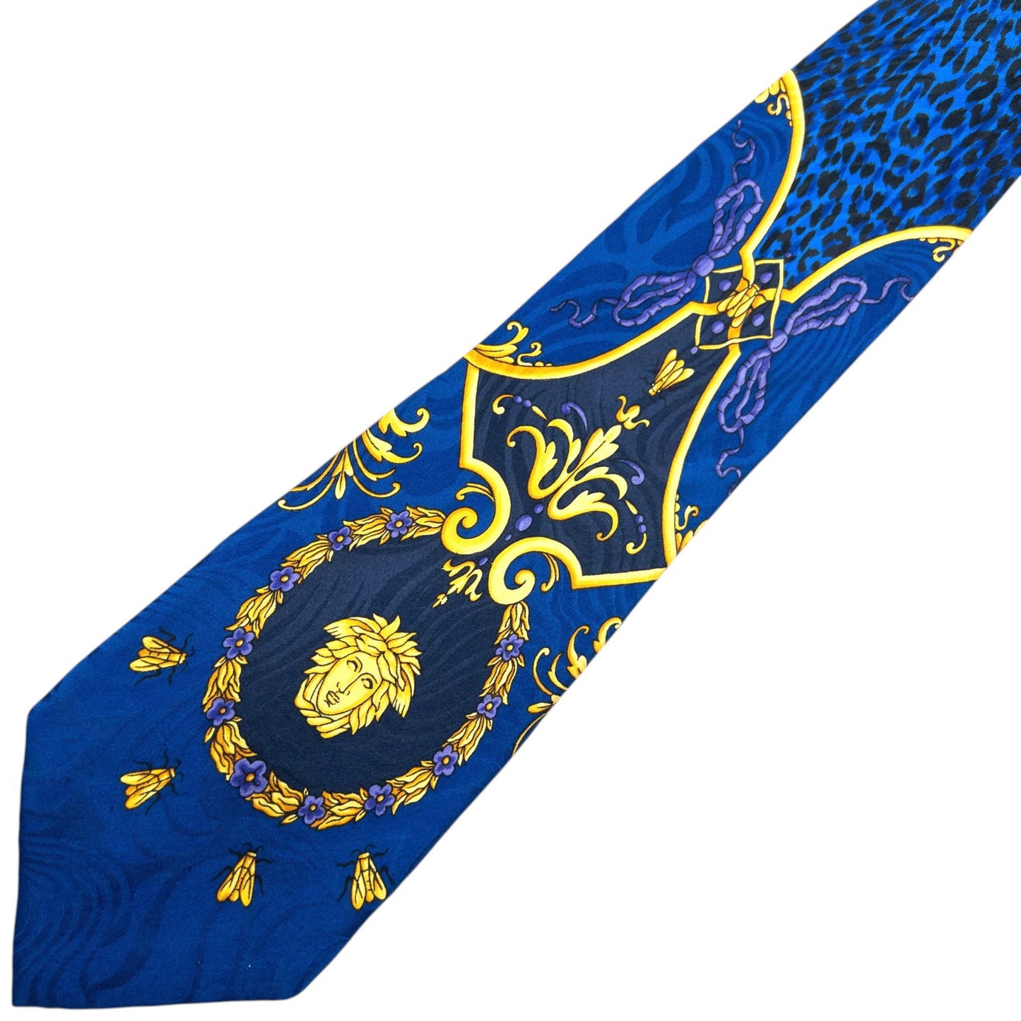 Vintage 90s Gianni Versace Baroque Leopard Print Silk Tie | O/S, Blue