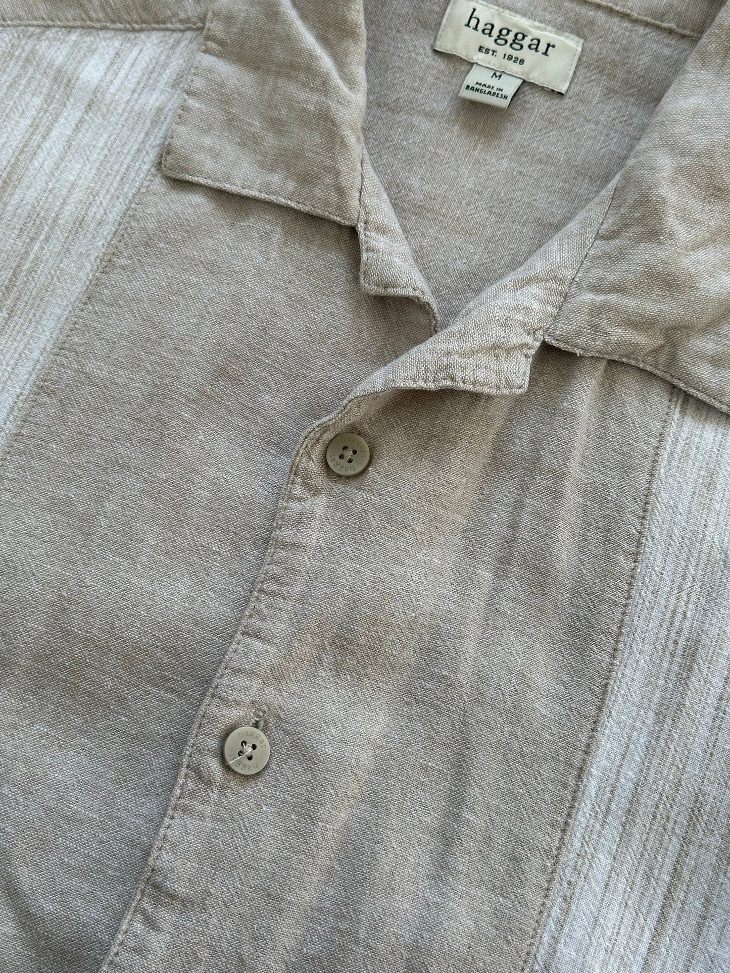 Vintage 2000s linen cotton short sleeve stripe shirt in size M, featuring classic casual style with blue and white horizontal stripes.