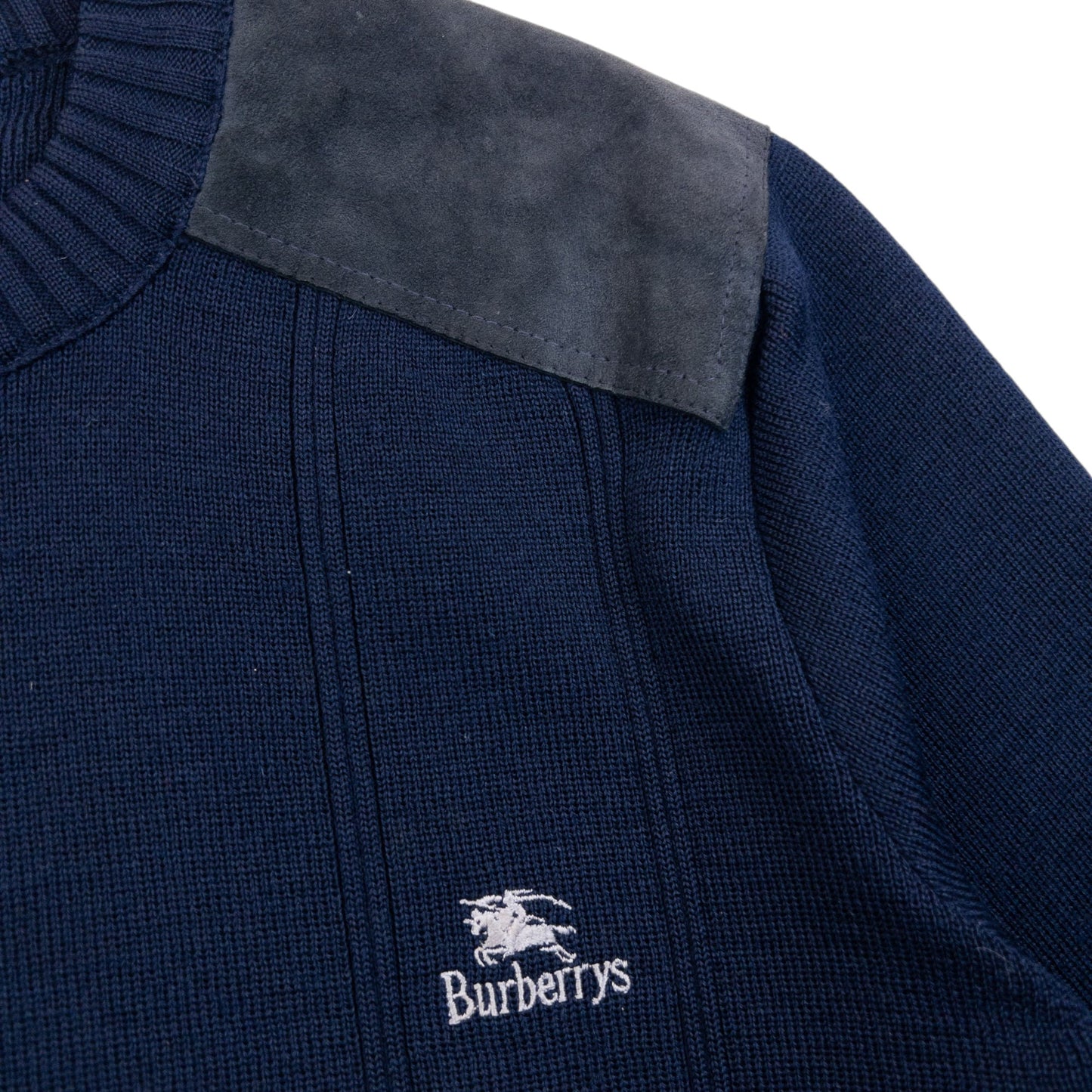 Vintage 90s Burberry Suede Patch Wool Jumper Size L | Large, Navy