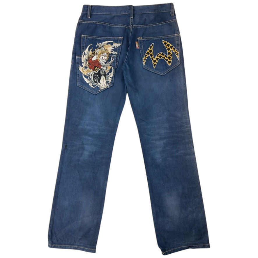 Vintage Jizo Bosatsu Embroidered Koi Fish Troll Japanese Denim Jeans Size W31