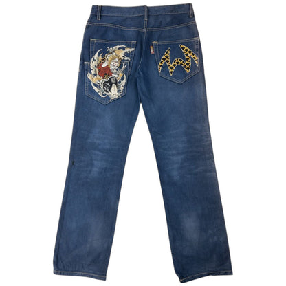 Vintage Jizo Bosatsu Embroidered Koi Fish Troll Japanese Denim Jeans Size W31