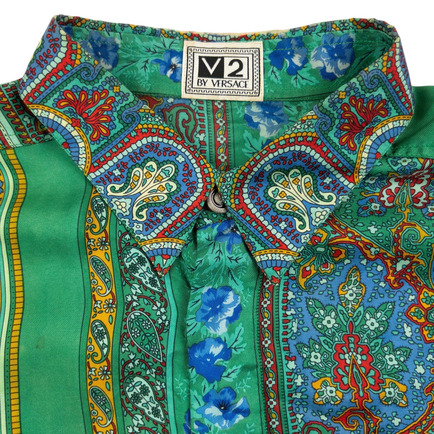 Vintage 90s Versace V2 Mosaic Paisley Print Long Sleeve Button Up Shirt Size S | Small, Green