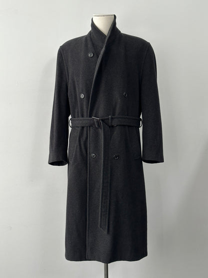Vintage 1990s wool cashmere high neck belted coat, size L, with classic design and neutral color, displayed on a hanger.