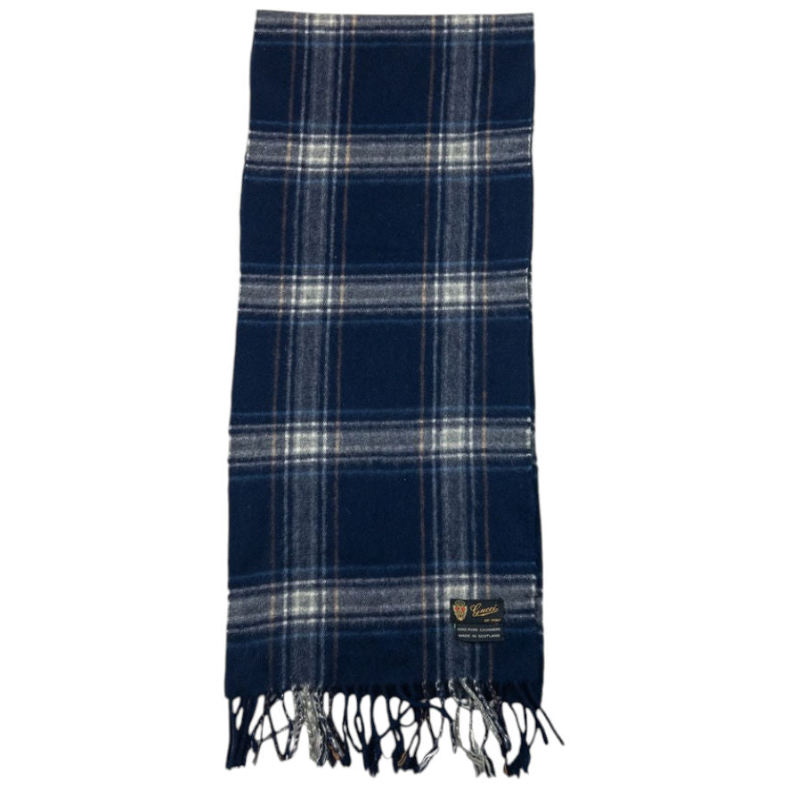 Vintage 80s Gucci Checkered Cashmere Tassel Scarf | O/S, Navy