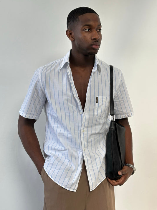 Armani Jeans 2000s pure cotton striped short sleeve shirt in size M, casual men's shirt with blue and white stripes, front view.