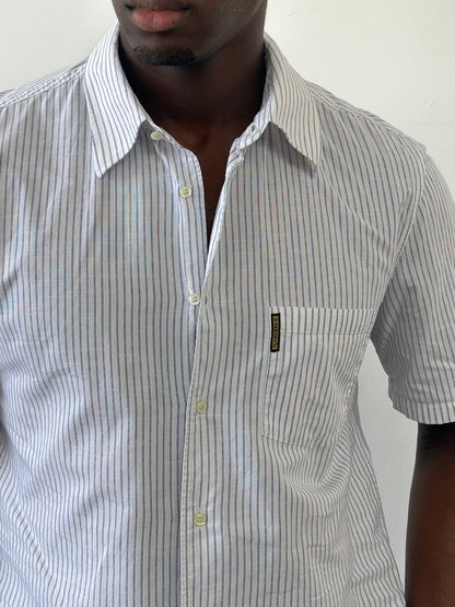 Armani Jeans 2000s pure cotton striped short sleeve shirt in white and navy, size M, displayed flat with button closure.
