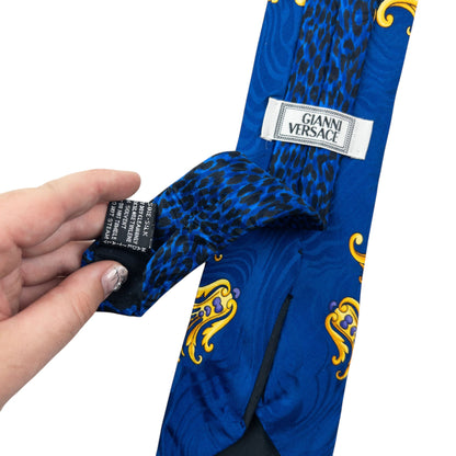 Vintage 90s Gianni Versace Baroque Leopard Print Silk Tie | O/S, Blue