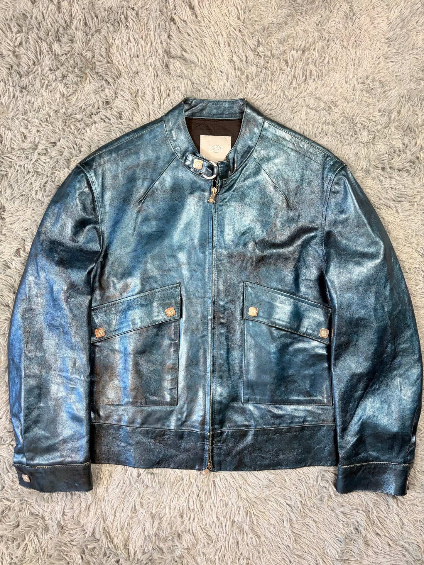 Versace VJC 00’s Blue Leather Metallic Rockstar Jacket - L | O/S, Multicoloured