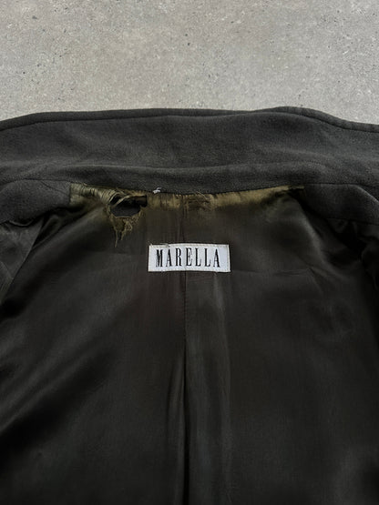 Marella 1990s virgin wool double-breasted coat in size L/XL hanging on a rack with classic design and neutral color.