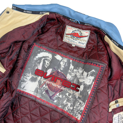 Avirex Dragons Leather Jacket In Blue & Beige (L) | Large, Beige