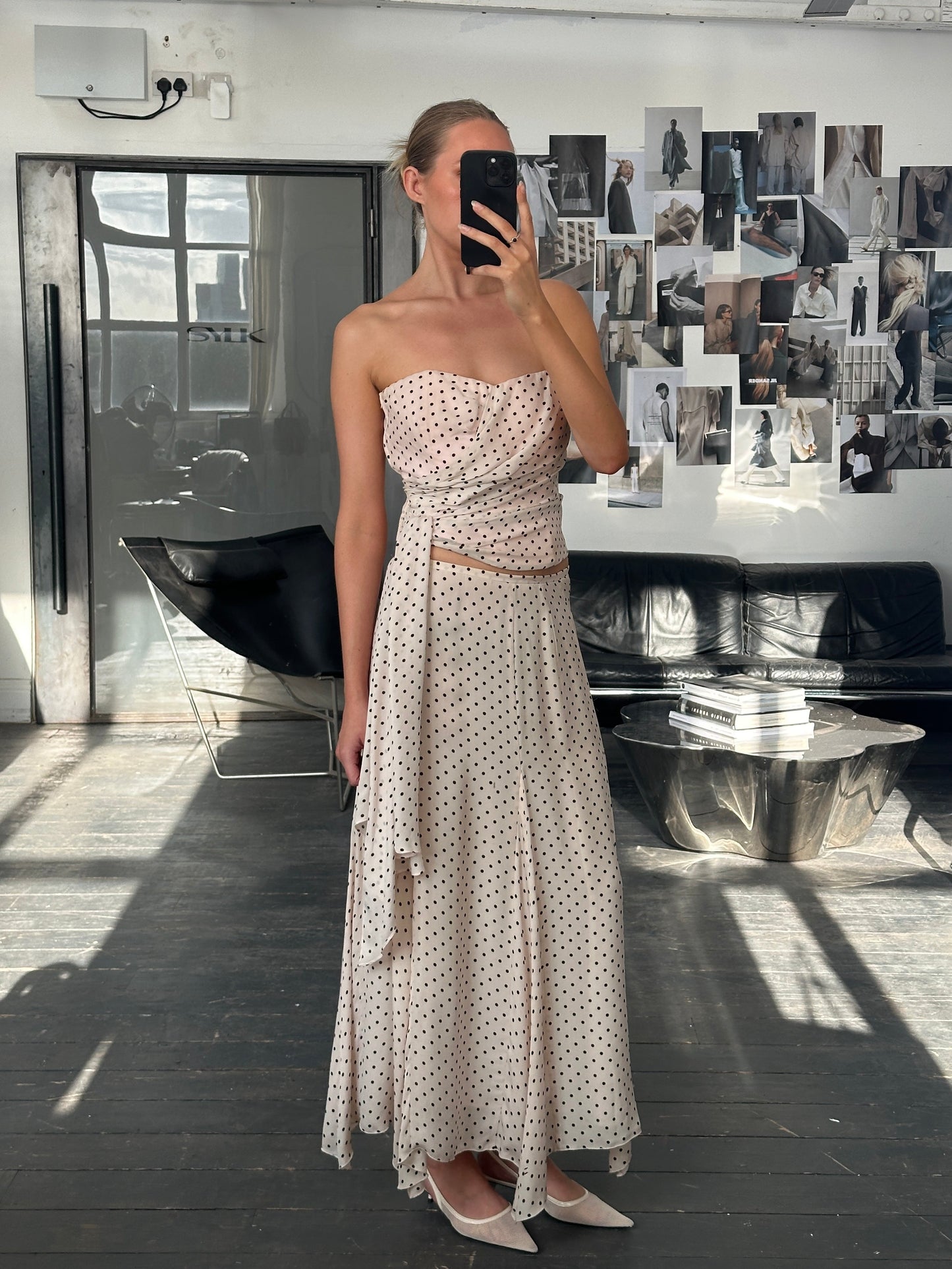 Jaeger 2000s Pure Silk Polkadot Two Piece Skirt Top Set - L/W28