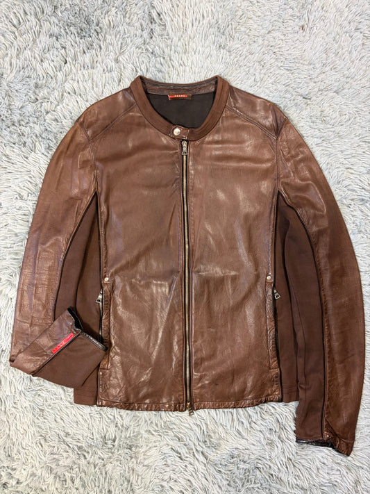 Prada Sport 2004 Brown Leather + Cotton Panelled Biker Jacket - L | O/S, Brown